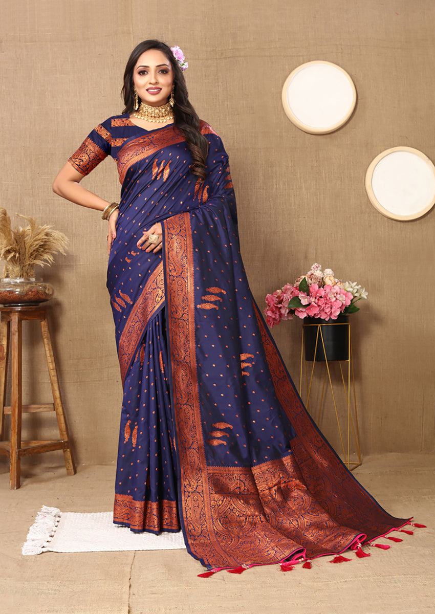 Lorenvalley Fashion Blue Soft Silk Copper Zari weaving Design Saree - Swadesiicart