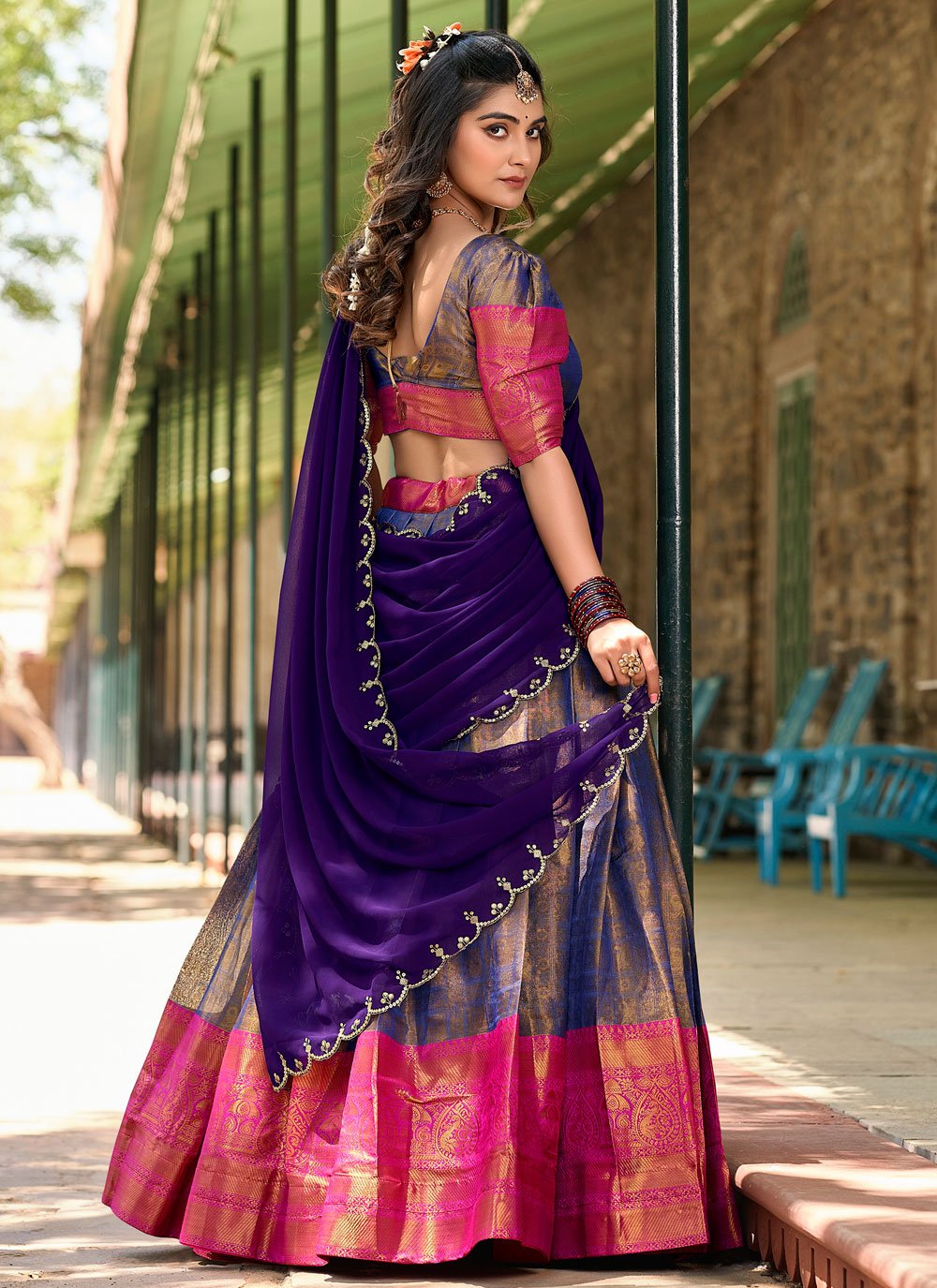 Lorenvalley Blue Kanjivaram Silk Zari Weaving Lehenga Choli with Dupatta | Swadesiicart
