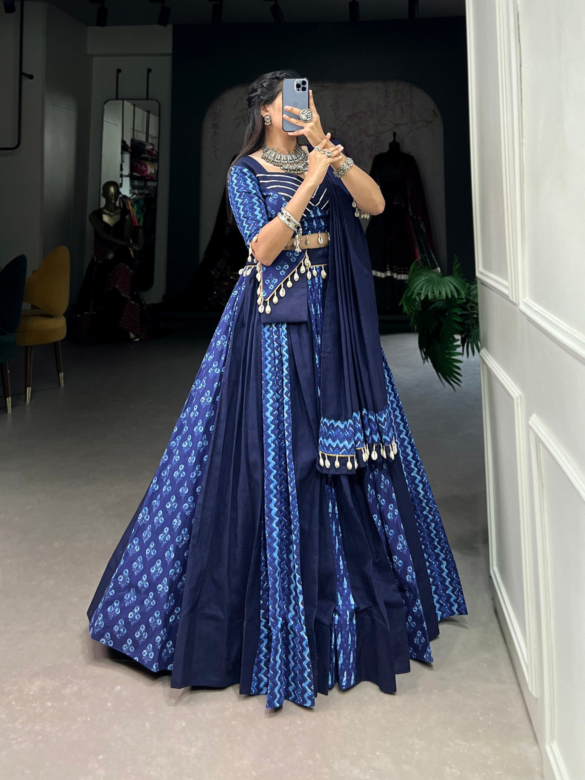 Lorenvalley Blue Pure Cotton Chaniya Choli Adorned With Cowrie Shells And Paired With A Matching Purse | Swadesiicart