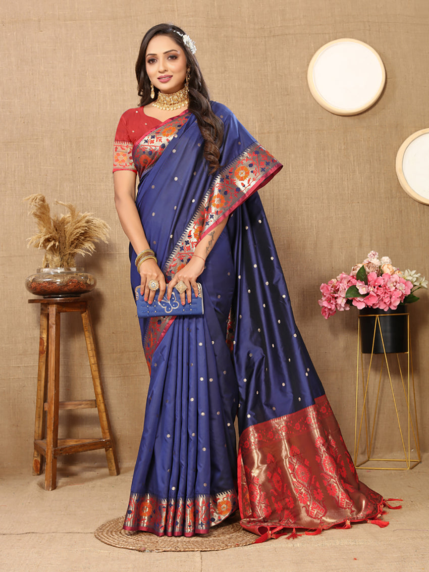 Lorenvalley Fashion Blue Soft Paithani Silk Woven Design Rich Meenakari Zari Weaving Pallu Saree - Swadesiicart