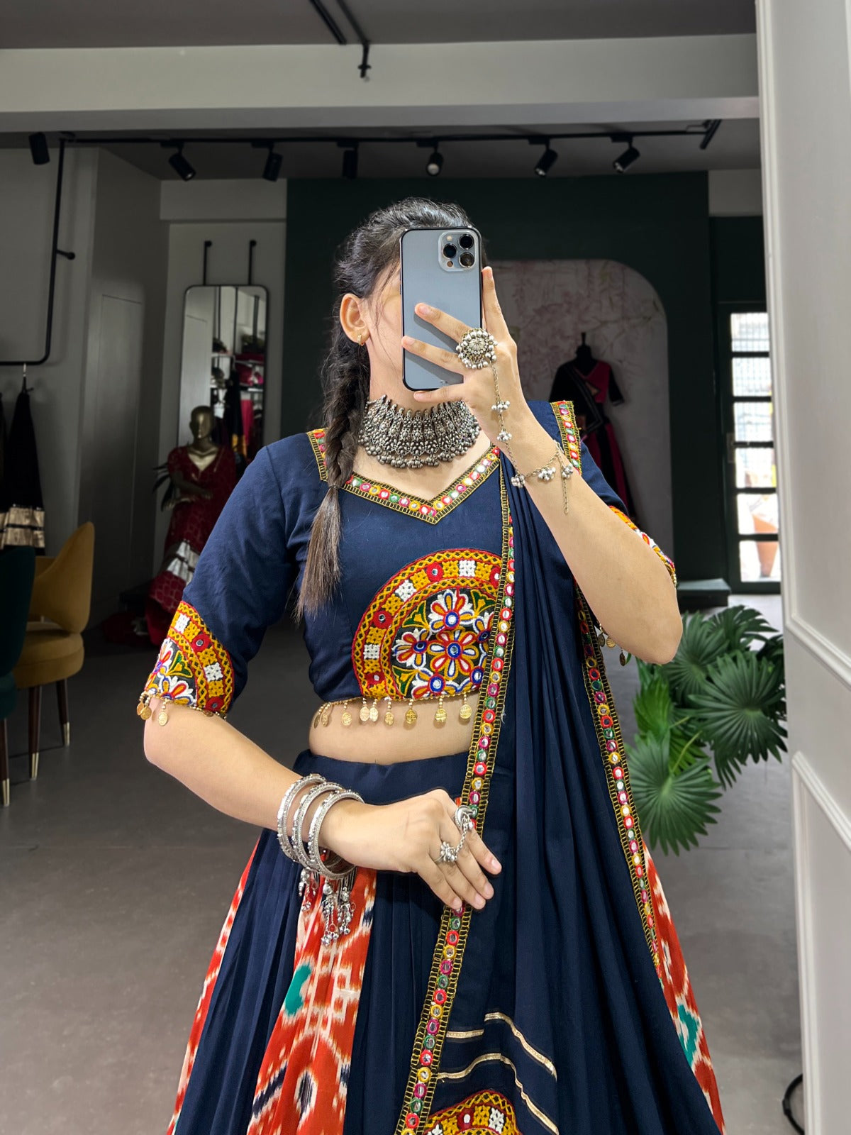 Lorenvalley Blue Rayon and Printed Silk with Plain And Printed With Original Mirror Gamthi Work And Gamthi Patch Work Lehenga Choli | Swadesiicart