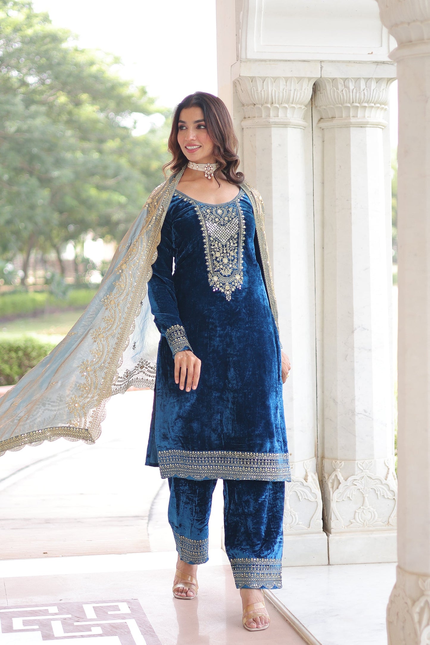 Lorenvalley Fashion Blue Velvet with Rich Sequins & Zari Embroidered work Kurta Pant with Dupatta - Swadesiicart