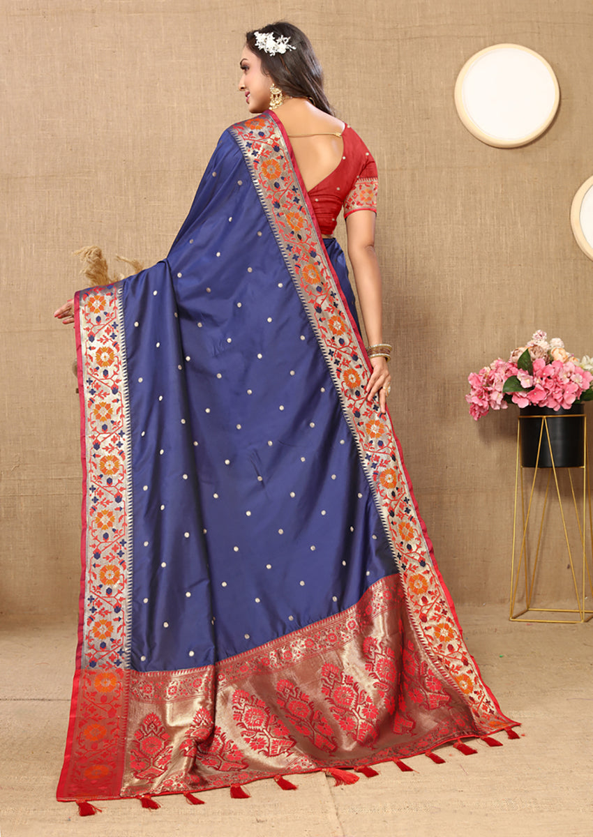 Lorenvalley Fashion Blue Soft Paithani Silk Woven Design Rich Meenakari Zari Weaving Pallu Saree - Swadesiicart
