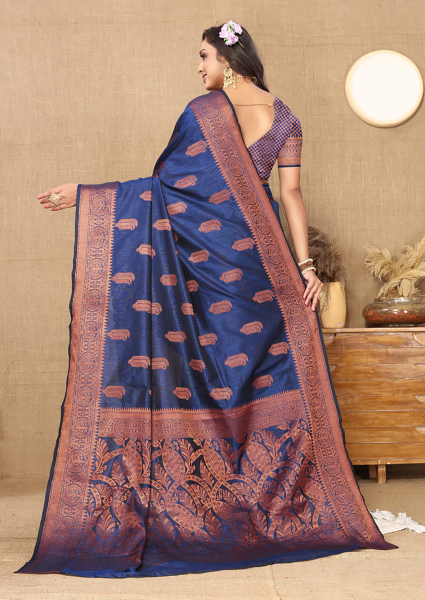 Lorenvalley Fashion Blue Soft Katan Silk Woven Design Copper Zari Weaving Saree - Swadesiicart