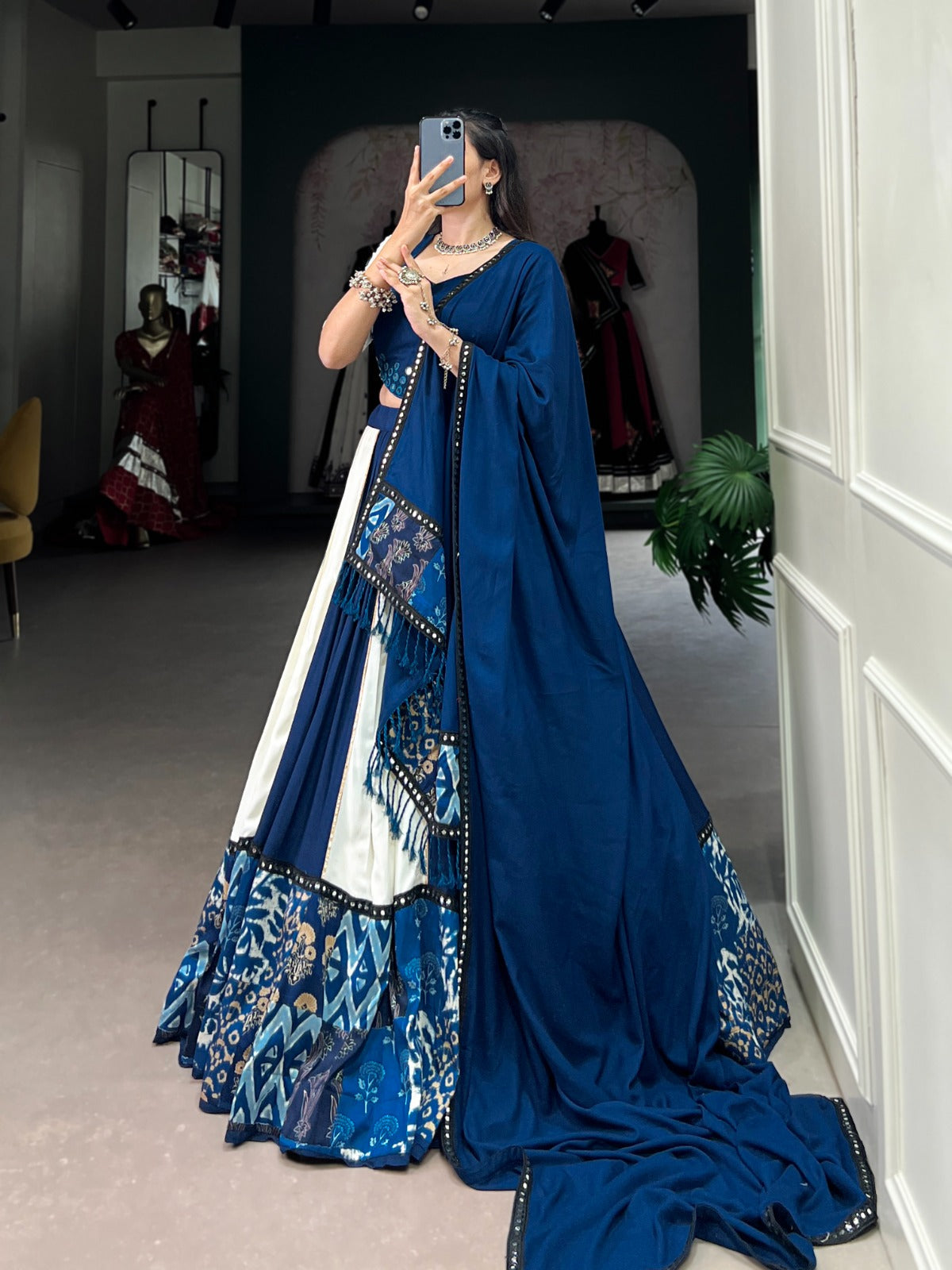 Lorenvalley Blue Pure Rayon with Plain And Printed With Paper Mirror Work Lace And Gota Patti Touch Up Lehenga Choli | Swadesiicart