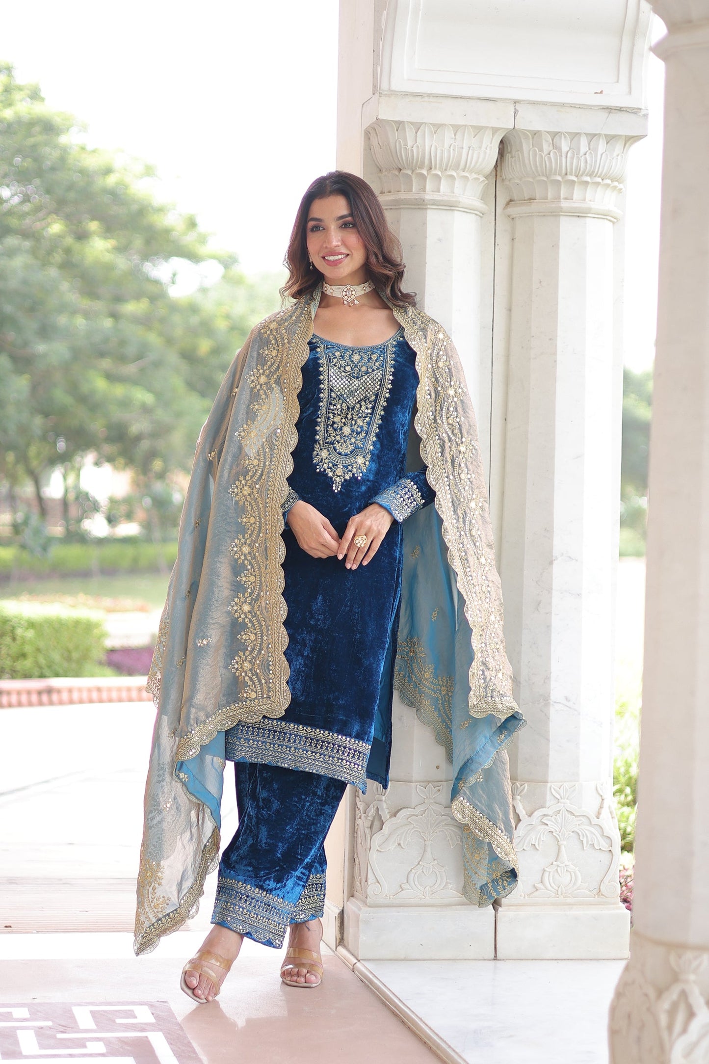 Lorenvalley Fashion Blue Velvet with Rich Sequins & Zari Embroidered work Kurta Pant with Dupatta - Swadesiicart