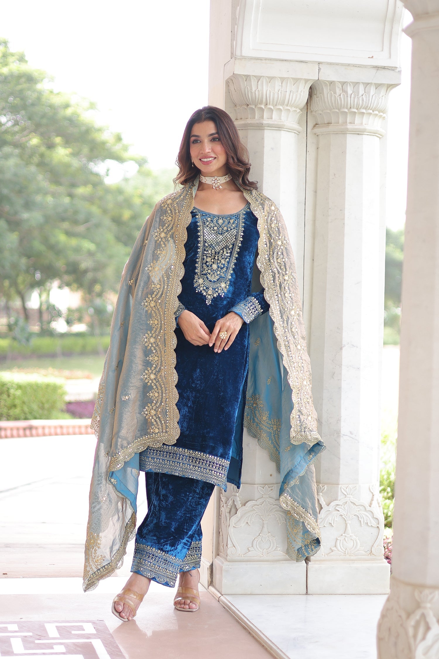 Lorenvalley Fashion Blue Velvet with Rich Sequins & Zari Embroidered work Kurta Pant with Dupatta - Swadesiicart