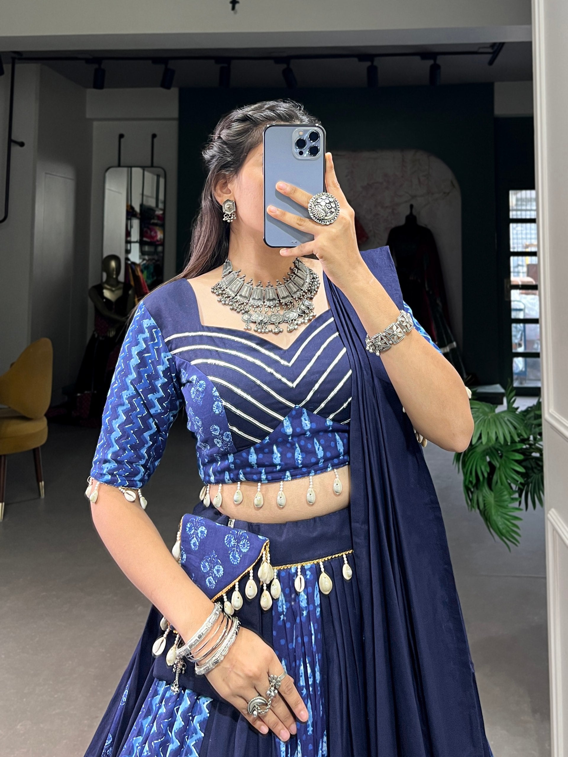 Lorenvalley Blue Pure Cotton Chaniya Choli Adorned With Cowrie Shells And Paired With A Matching Purse | Swadesiicart