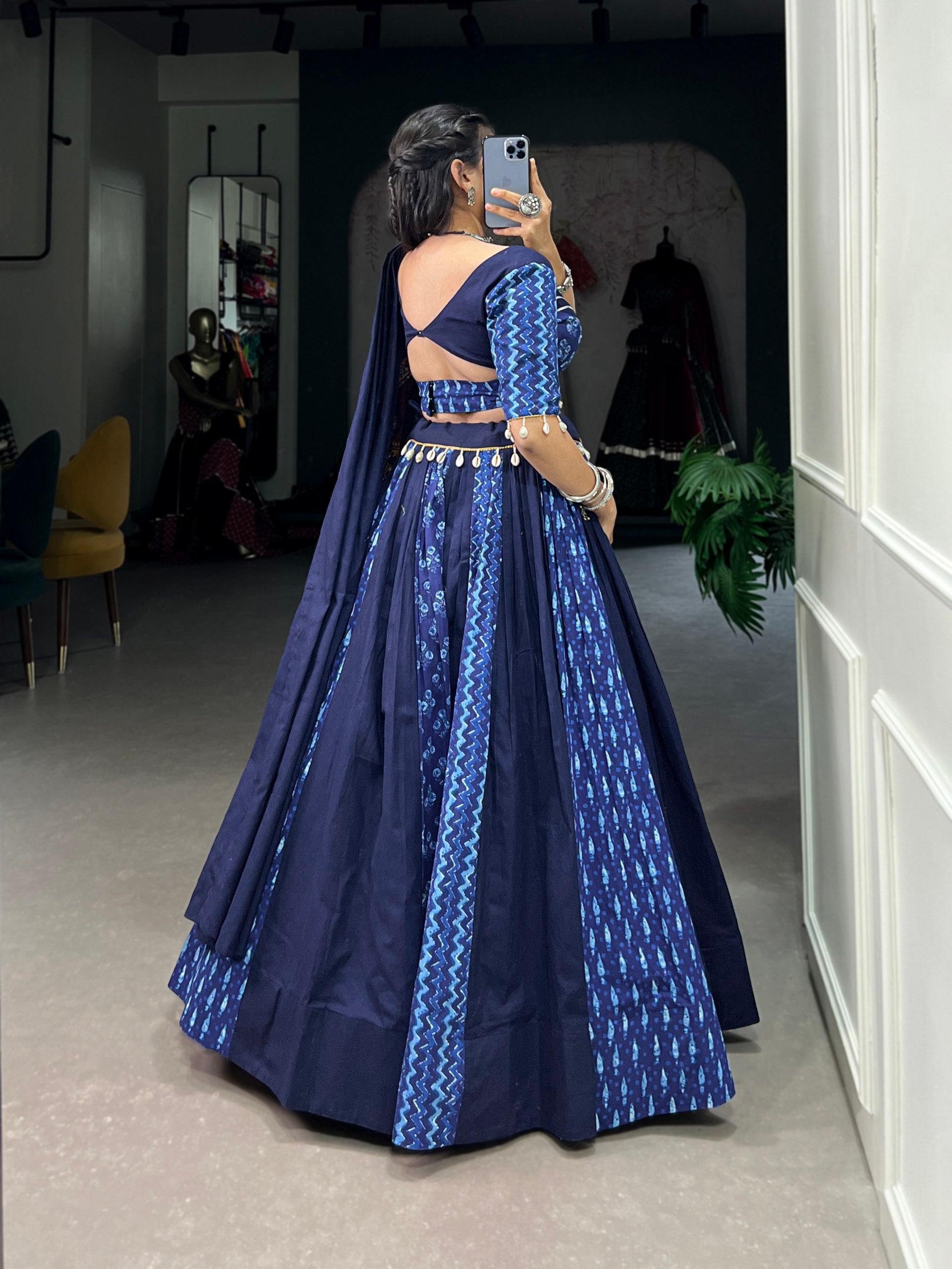 Lorenvalley Blue Pure Cotton Chaniya Choli Adorned With Cowrie Shells And Paired With A Matching Purse | Swadesiicart