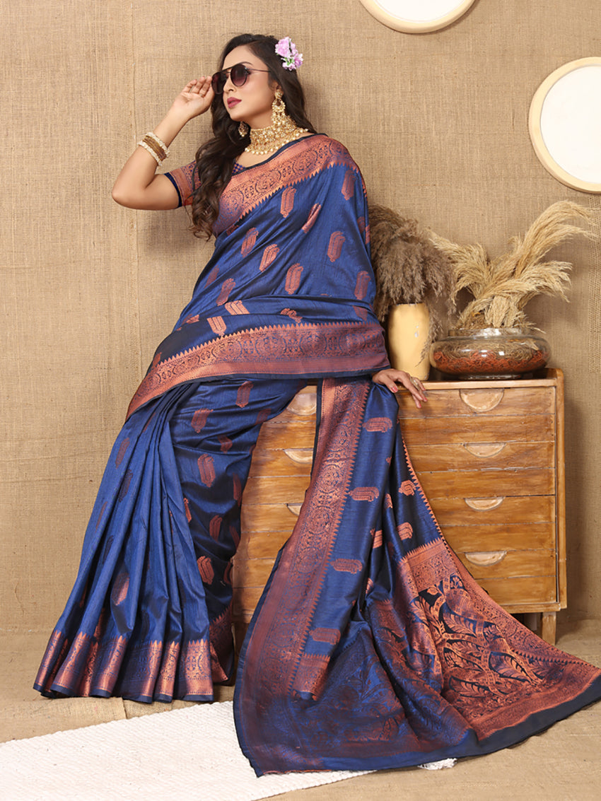 Lorenvalley Fashion Blue Soft Katan Silk Woven Design Copper Zari Weaving Saree - Swadesiicart