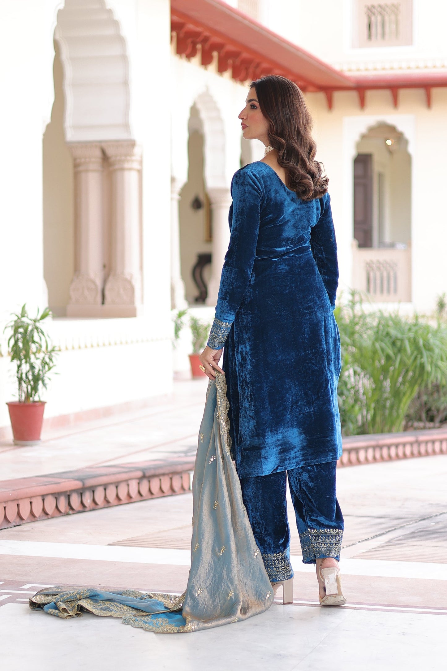 Lorenvalley Fashion Blue Velvet with Rich Sequins & Zari Embroidered work Kurta Pant with Dupatta - Swadesiicart