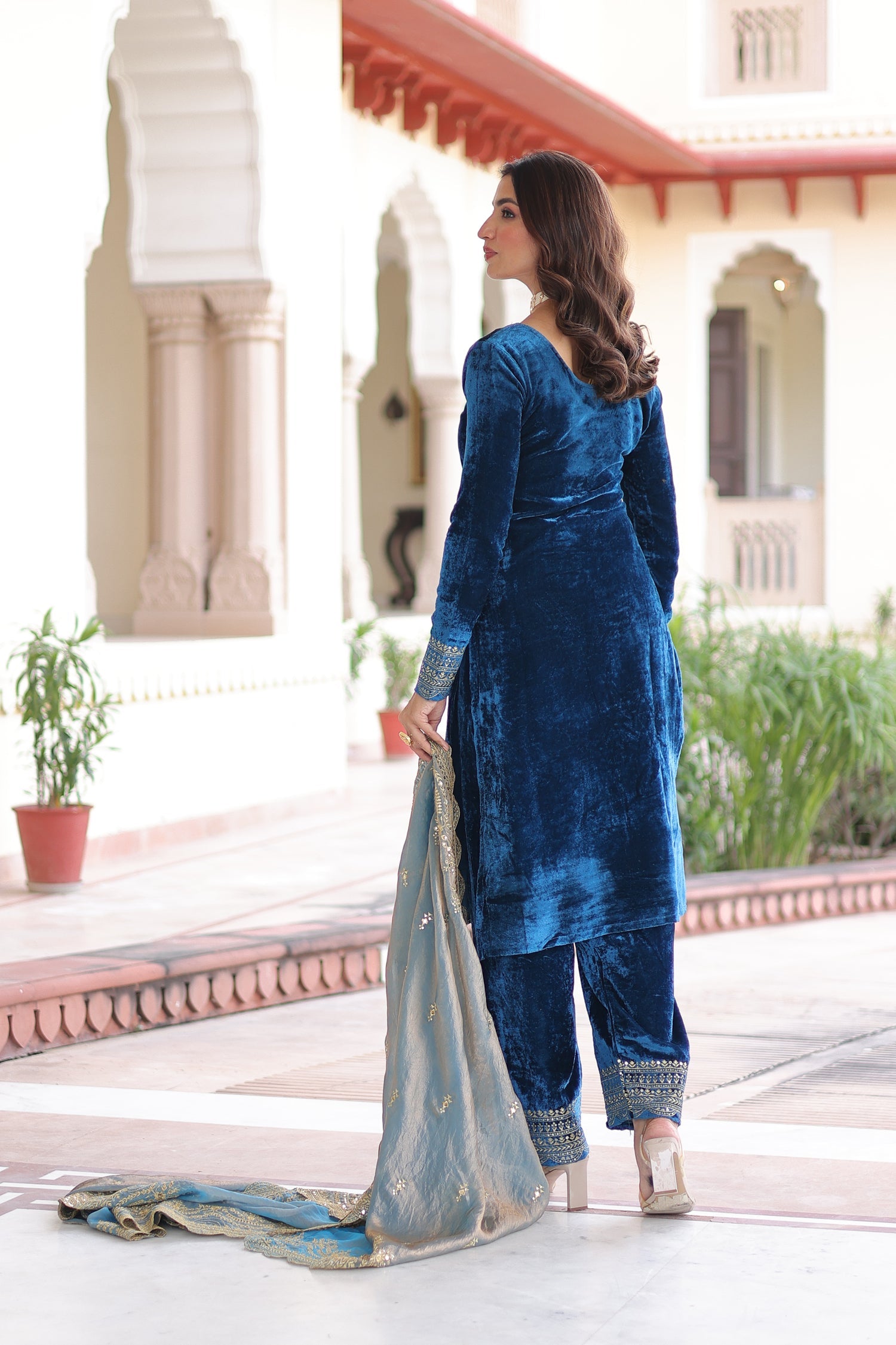 Lorenvalley Fashion Blue Velvet with Rich Sequins & Zari Embroidered work Kurta Pant with Dupatta - Swadesiicart