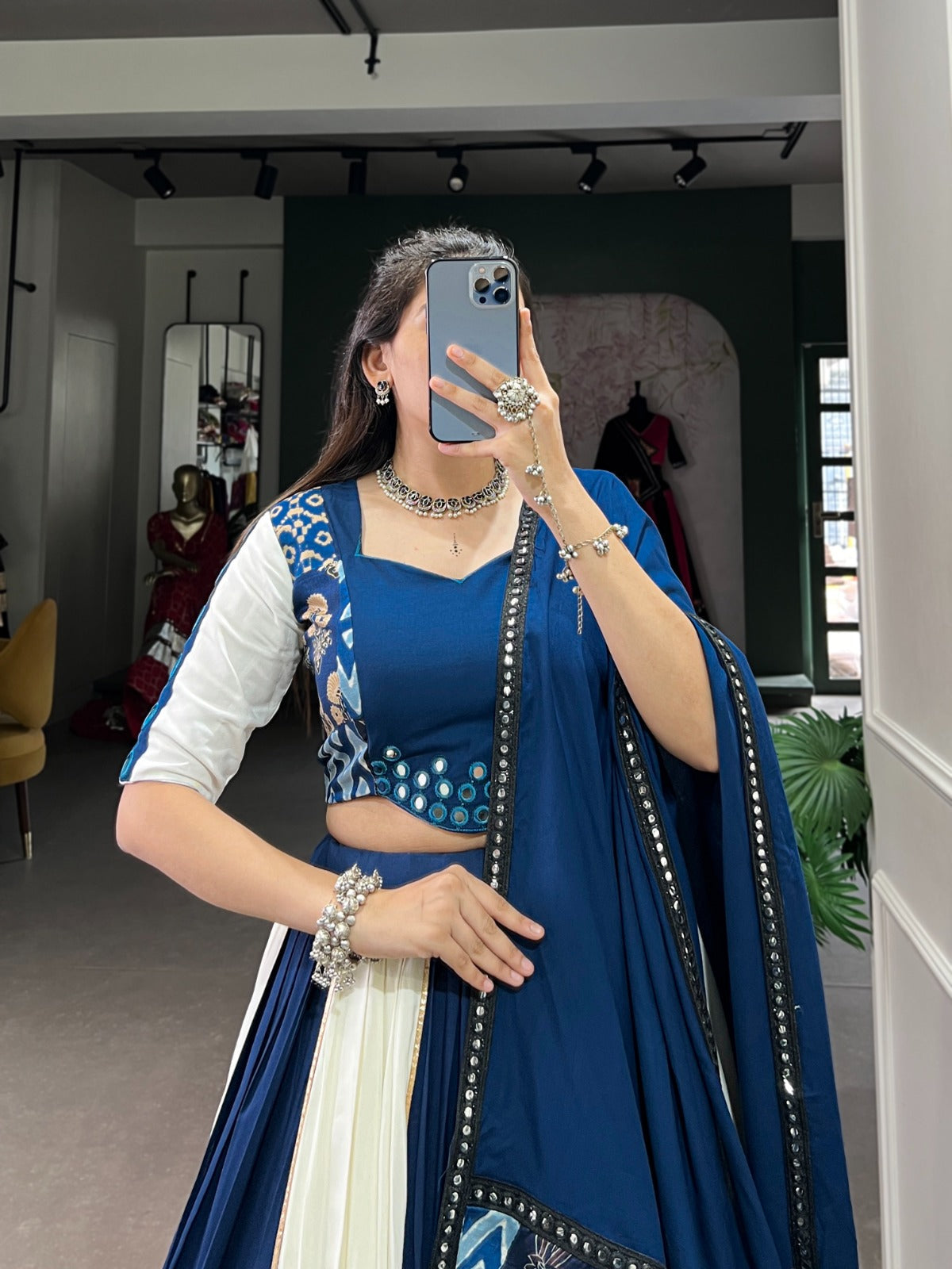 Lorenvalley Blue Pure Rayon with Plain And Printed With Paper Mirror Work Lace And Gota Patti Touch Up Lehenga Choli | Swadesiicart