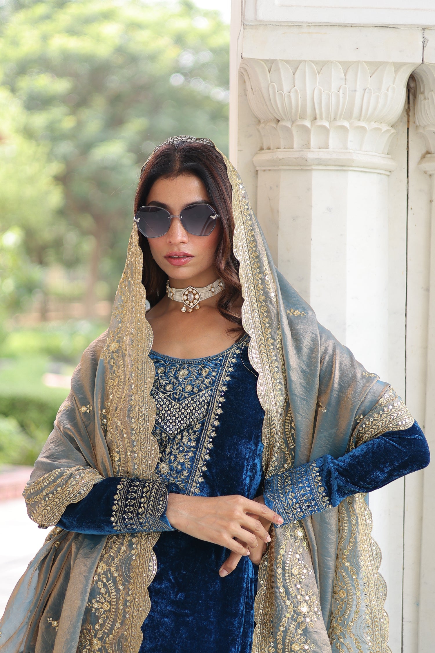 Lorenvalley Fashion Blue Velvet with Rich Sequins & Zari Embroidered work Kurta Pant with Dupatta - Swadesiicart