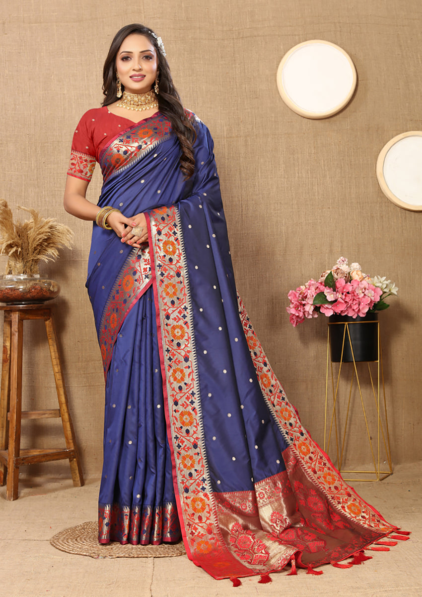 Lorenvalley Fashion Blue Soft Paithani Silk Woven Design Rich Meenakari Zari Weaving Pallu Saree - Swadesiicart