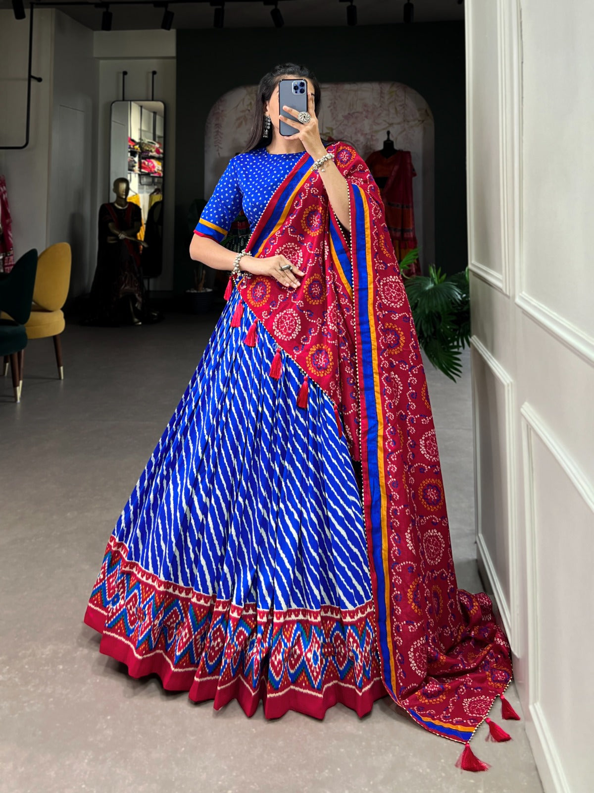 Lorenvalley Blue Tussar Silk Lehenga Leheriya Patola Print Border With Choli Bandhej Print With Bandhej Print Gotta Patti Lace Border Dupatta | Swadesiicart