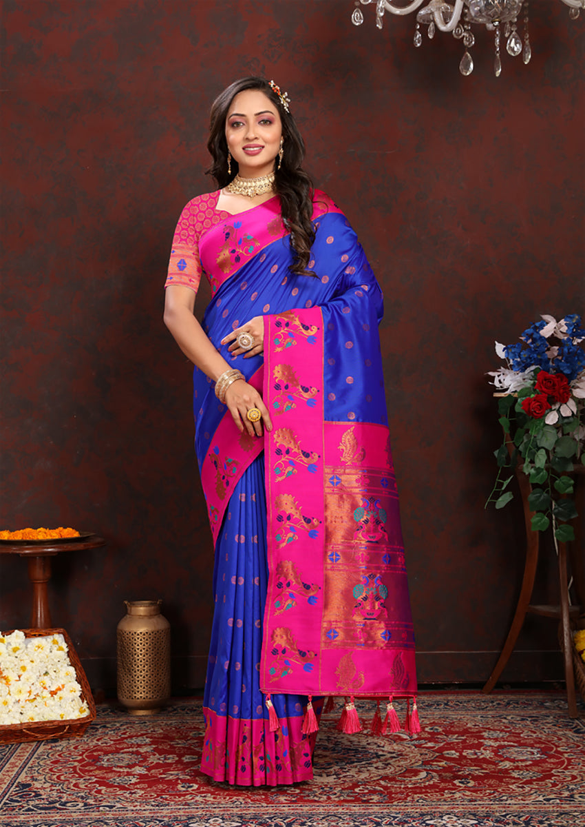 Lorenvalley Fashion Blue Soft Paithani Silk Woven Design Rich Zari Meenakari Weaving Saree - Swadesiicart