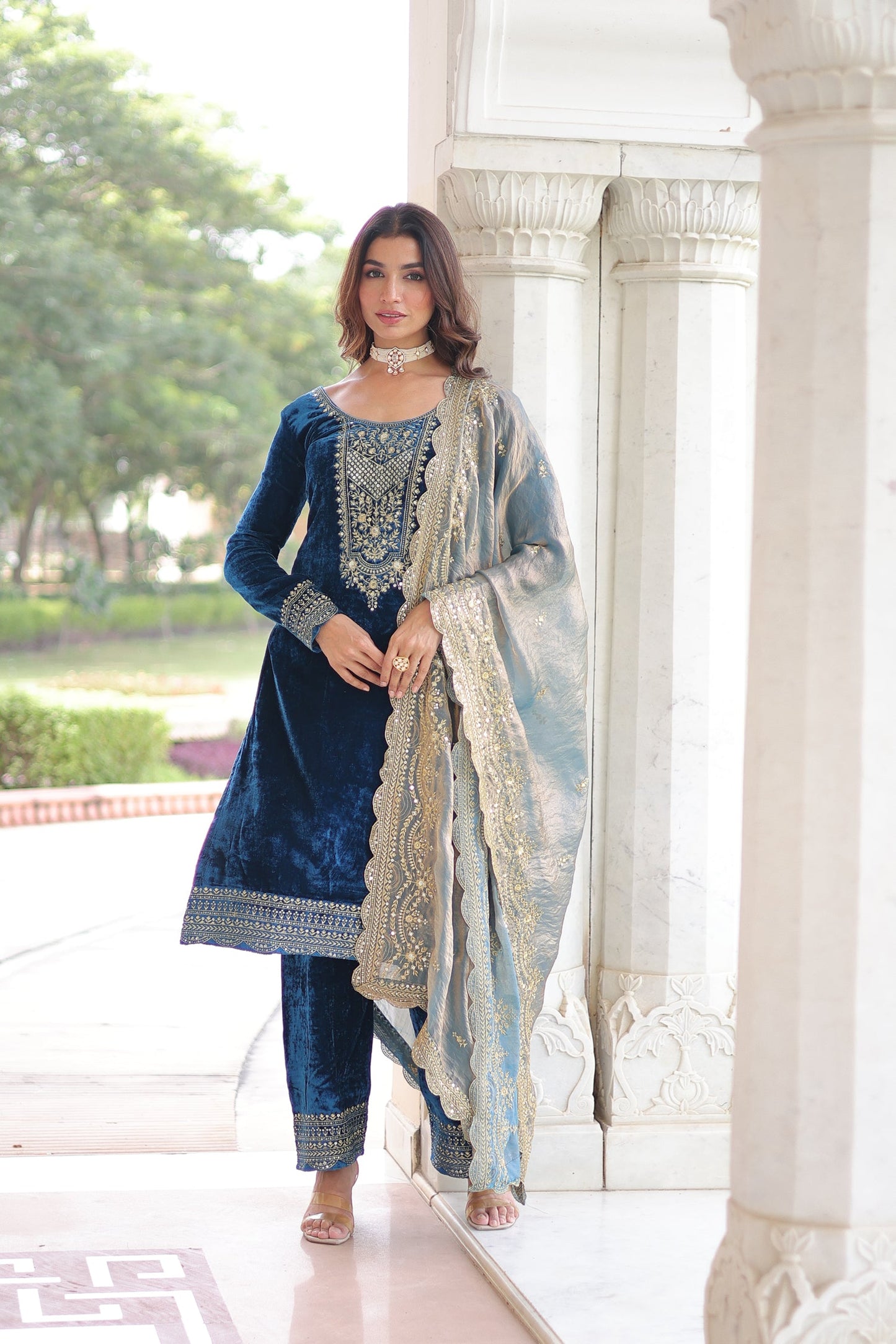 Lorenvalley Fashion Blue Velvet with Rich Sequins & Zari Embroidered work Kurta Pant with Dupatta - Swadesiicart