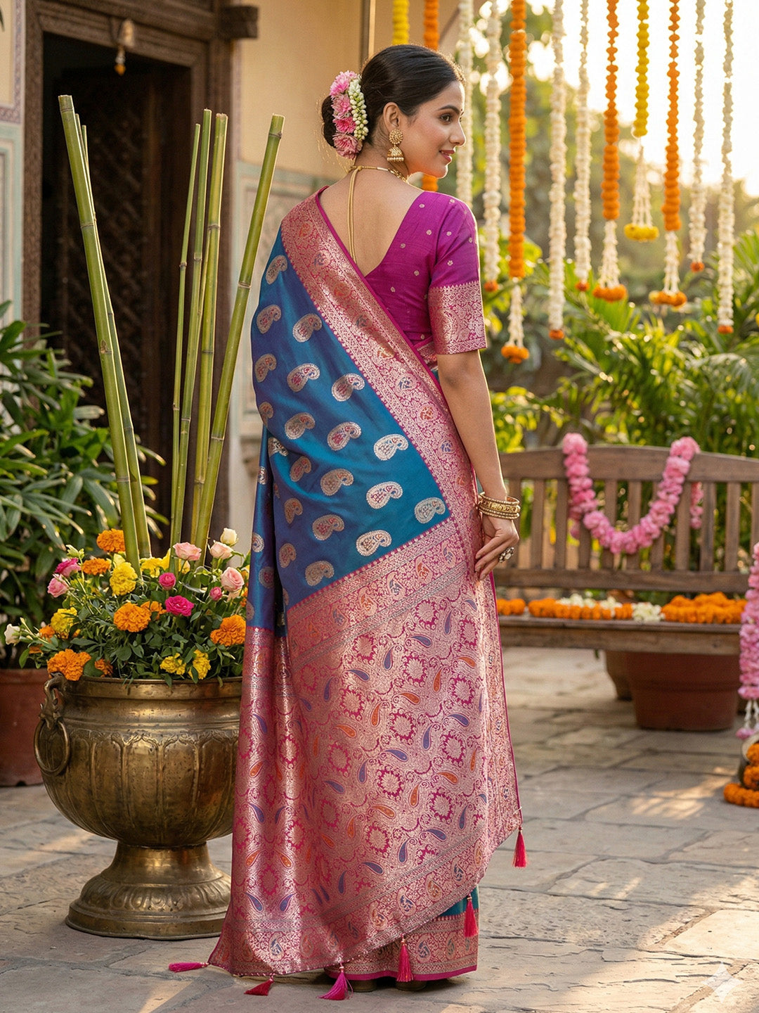 Anaita Blue Silk Blend Woven Saree With Blouse