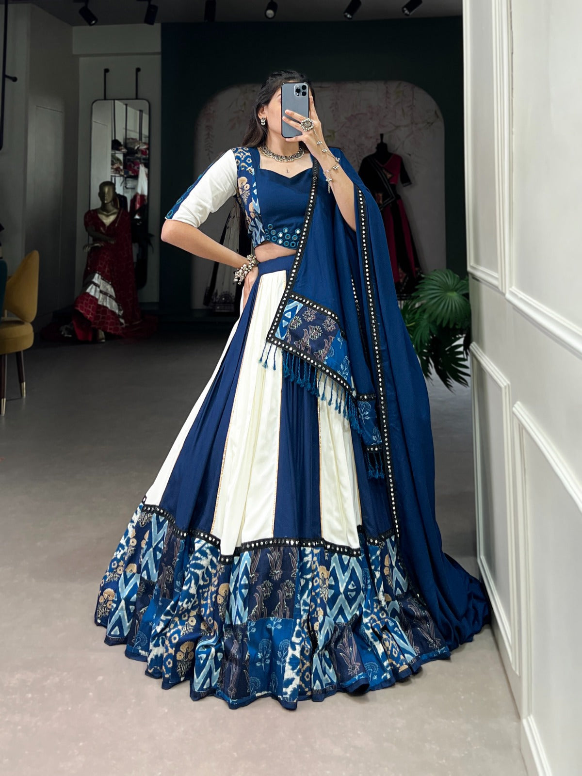 Lorenvalley Blue Pure Rayon with Plain And Printed With Paper Mirror Work Lace And Gota Patti Touch Up Lehenga Choli | Swadesiicart