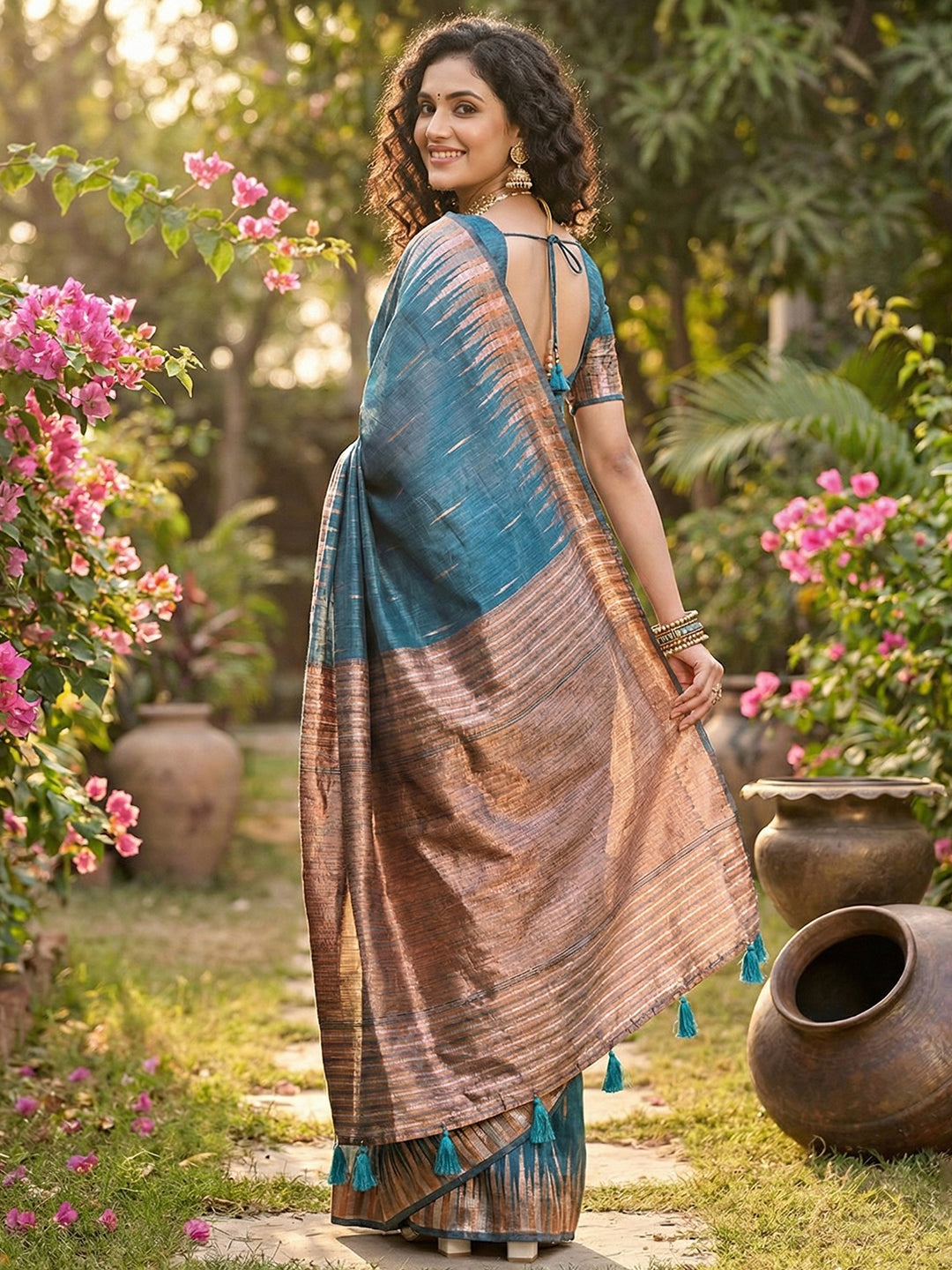 Anaita Blue Linen Woven Work Saree With Blouse
