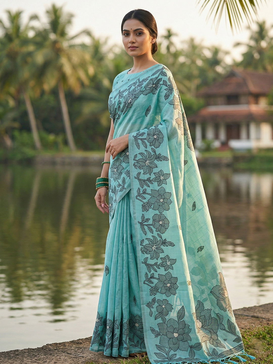 Anaita Blue Linen Printed Saree With Blouse