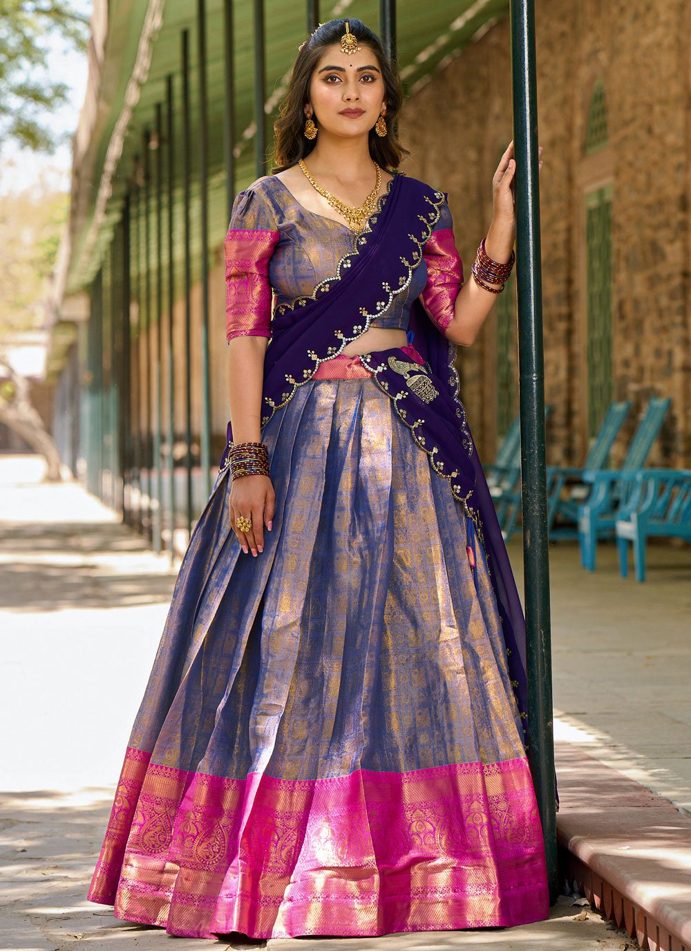 Lorenvalley Blue Kanjivaram Silk Zari Weaving Lehenga Choli with Dupatta | Swadesiicart