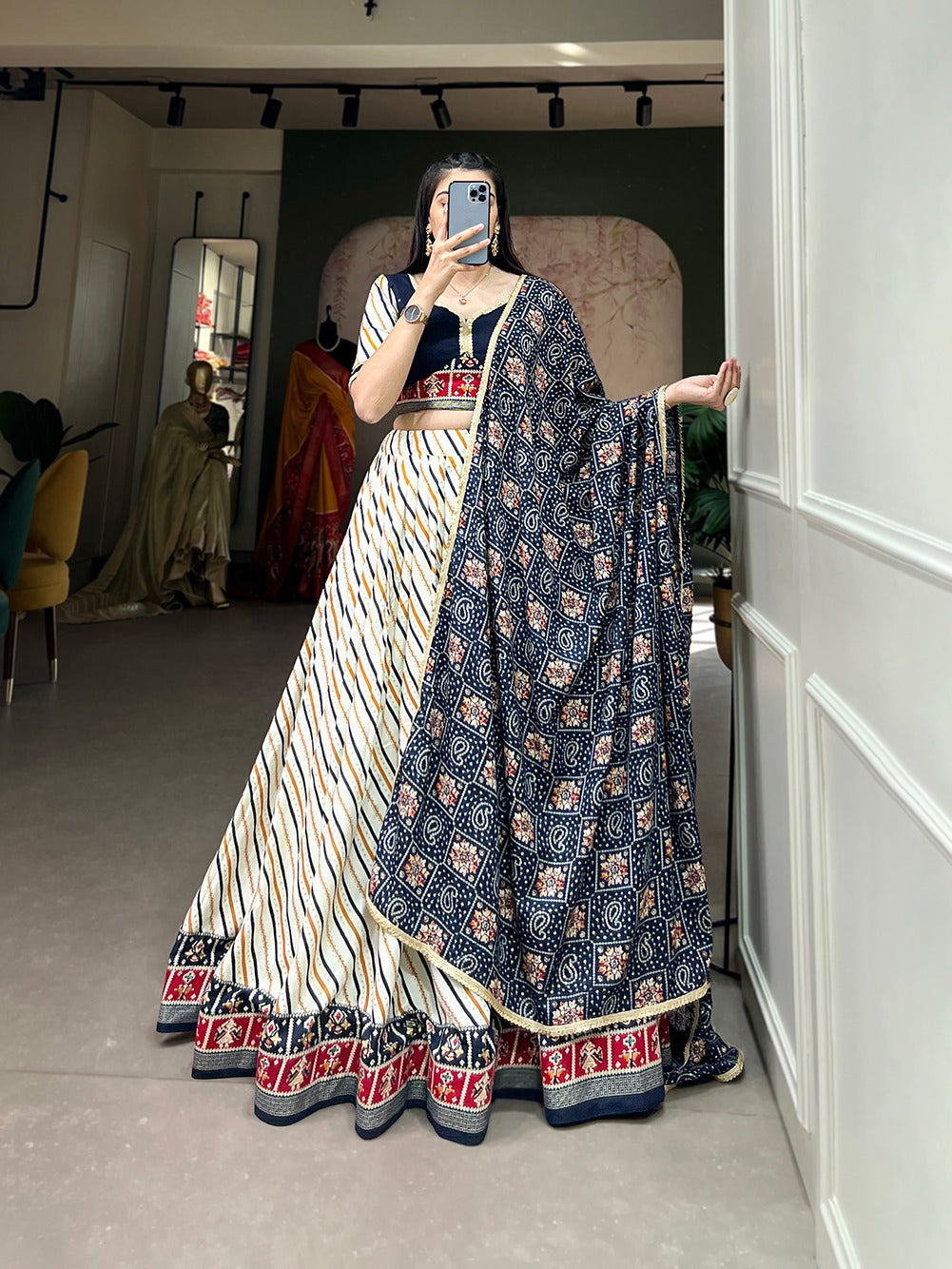 Lorenvalley White And Blue Pure Cotton Leheriya With Patola Print Lehenga Choli With Dupatta | Swadesiicart