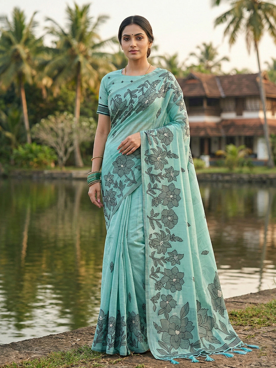 Anaita Blue Linen Printed Saree With Blouse