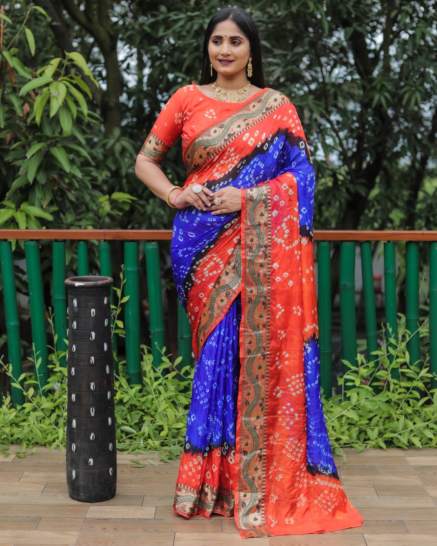 Lorenvalley Premium Pure Bandhej Tapeta Soft light weight silk saree with zari weaving Border - Multicolor - Swadesiicart