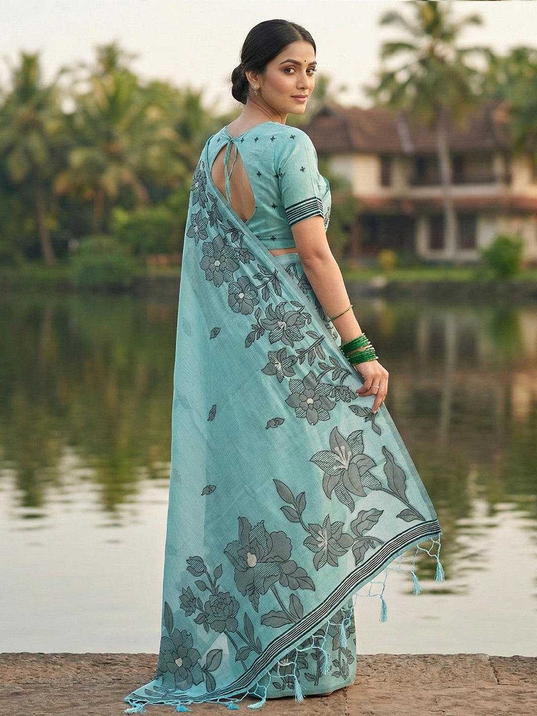 Anaita Blue Linen Printed Saree With Blouse
