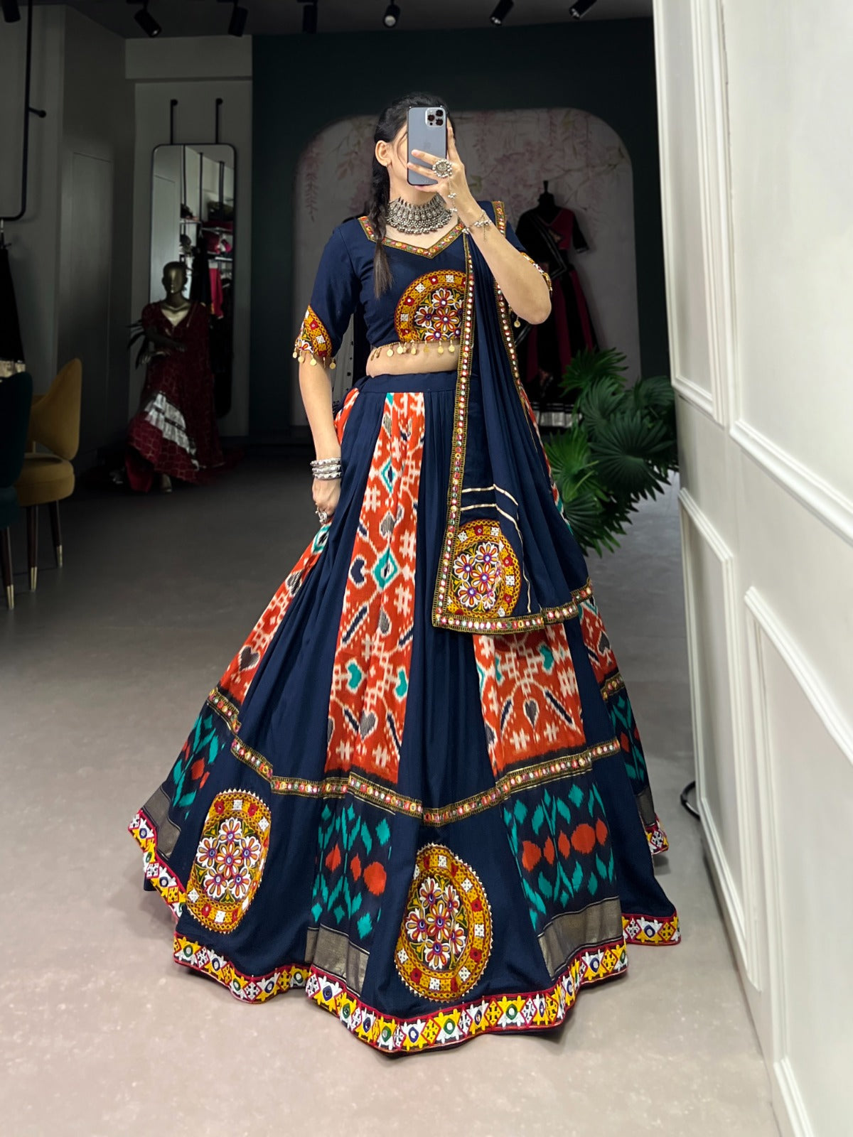 Lorenvalley Blue Rayon and Printed Silk with Plain And Printed With Original Mirror Gamthi Work And Gamthi Patch Work Lehenga Choli | Swadesiicart