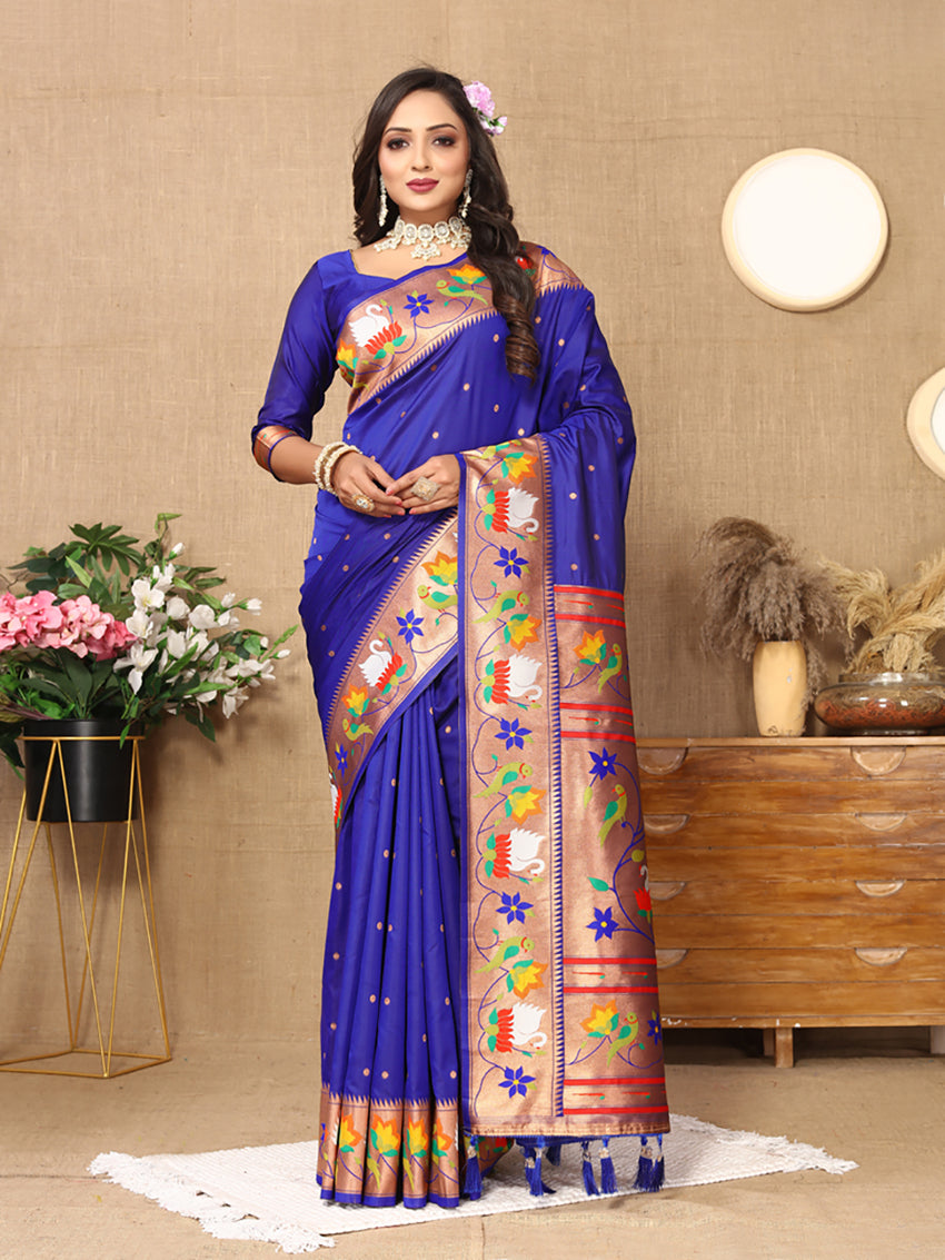 Lorenvalley Fashion Blue Soft Paithani Silk Woven Design Rich Zari Meenakari Weaving Saree - Swadesiicart
