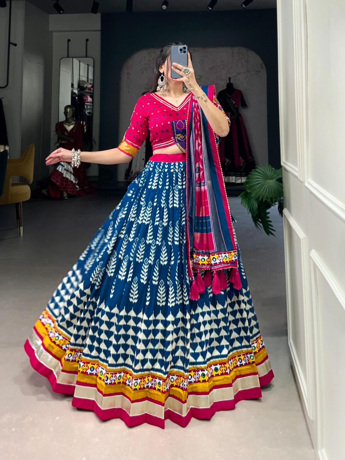 Lorenvalley Black Dola Silk with Printed With Foil Work And Original Mirror Gamthi Lace Touch Up Lehenga Choli | Swadesiicart