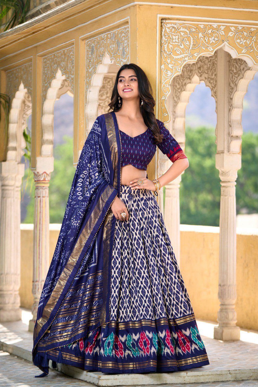 Lorenvalley Blue Tussar Silk Ikkat Print With Foil Work Lehenga Choli with Dupatta | Swadesiicart