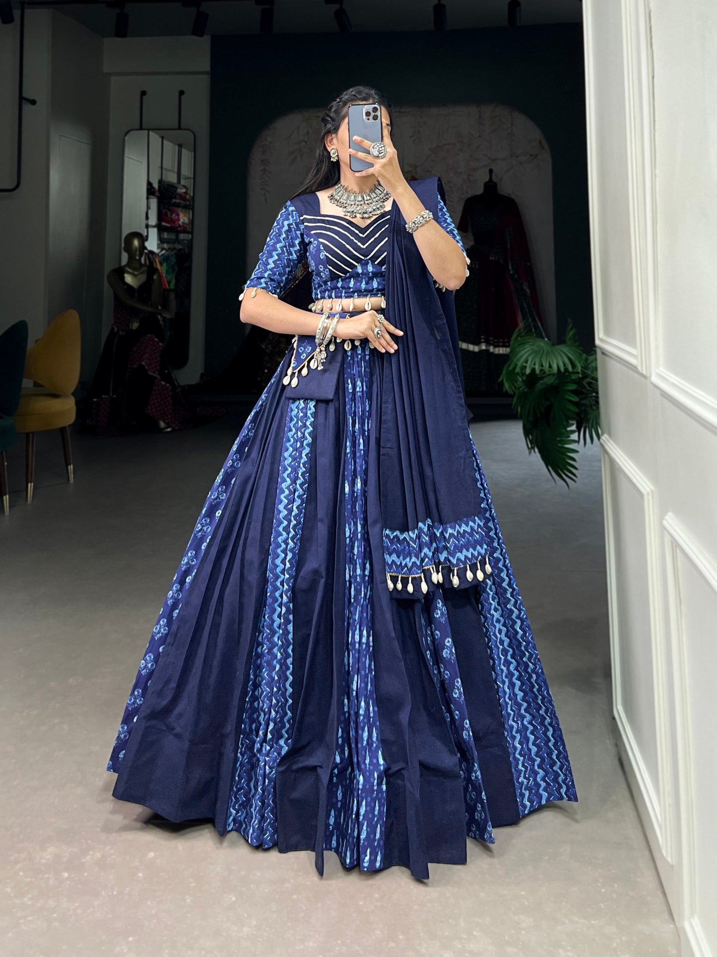 Lorenvalley Blue Pure Cotton Chaniya Choli Adorned With Cowrie Shells And Paired With A Matching Purse | Swadesiicart