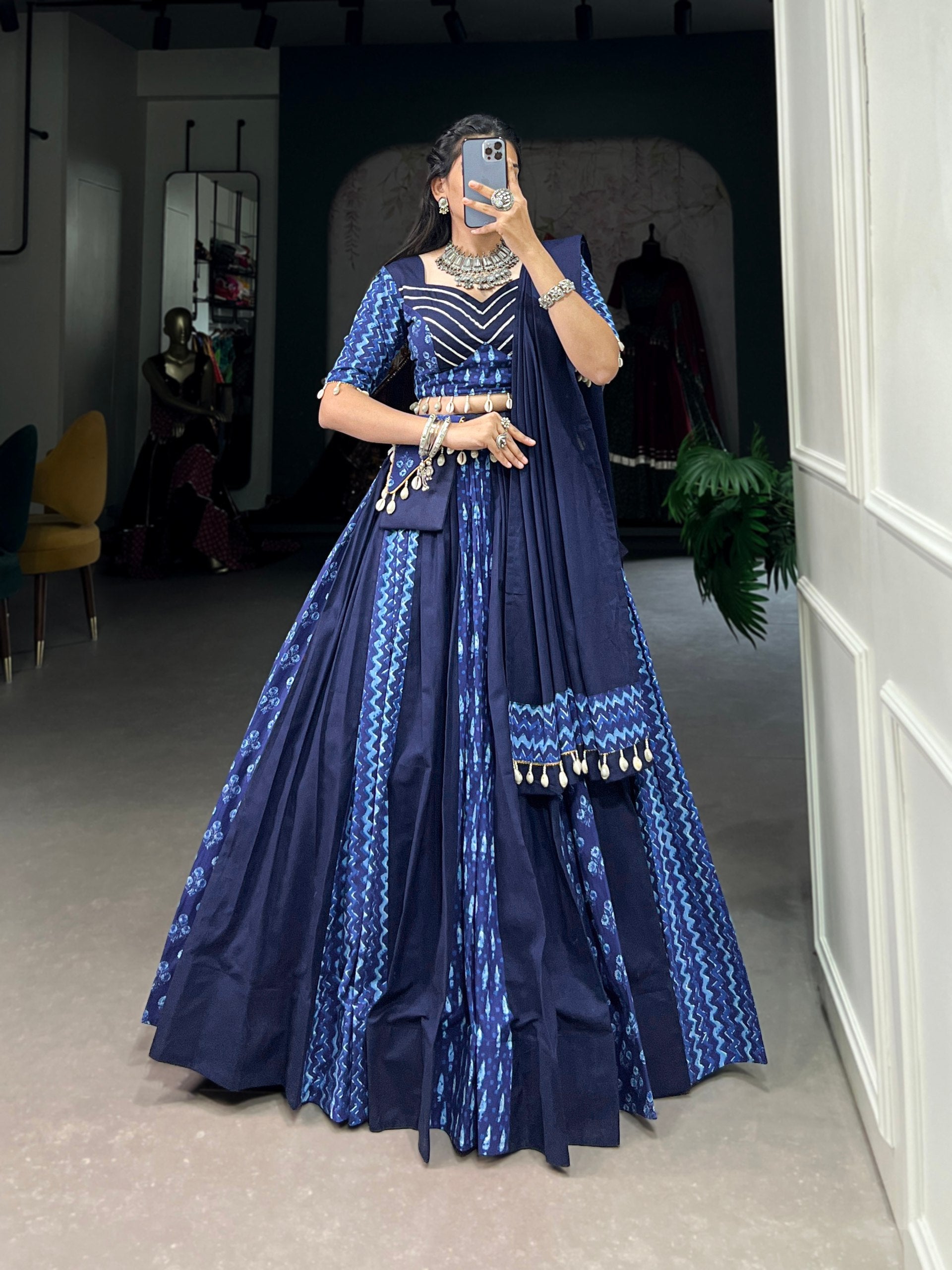 Lorenvalley Blue Pure Cotton Chaniya Choli Adorned With Cowrie Shells And Paired With A Matching Purse | Swadesiicart