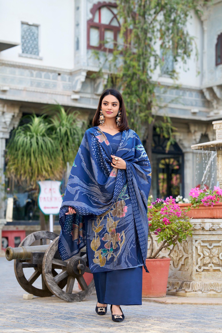 Lorenvalley Blue Roman Silk Floral Print With Beets Handwork Kurta Set | Swadesiicart