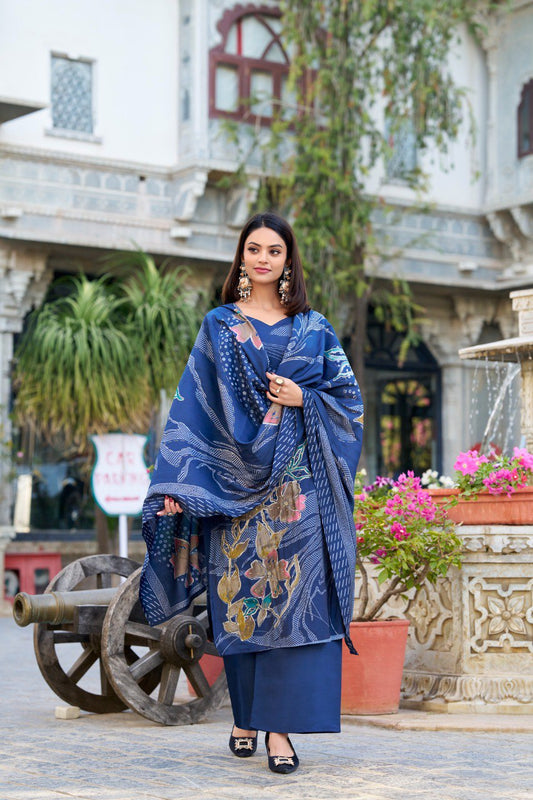 Lorenvalley Blue Roman Silk Floral Print With Beets Handwork Kurta Set | Swadesiicart