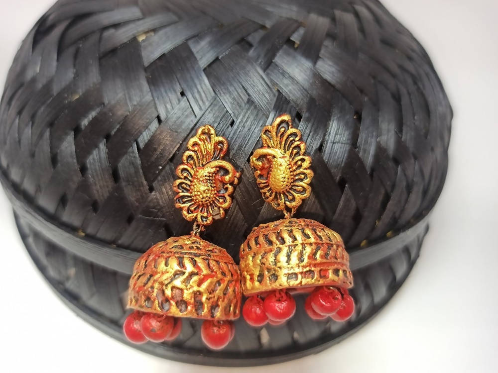 Terracotta Peacock Stud Ethnic Jhumkas-Gold Red | Swadesiicart