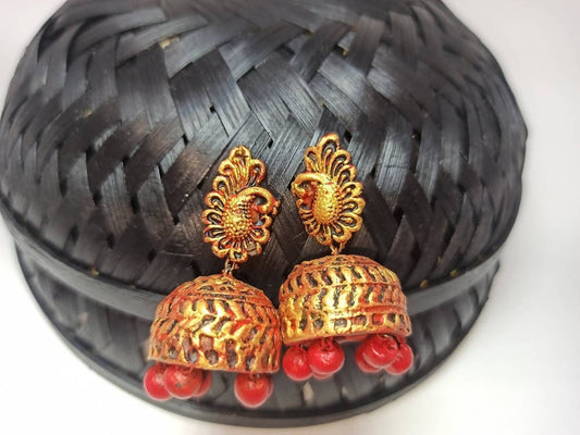 Terracotta Peacock Stud Ethnic Jhumkas-Gold Red | Swadesiicart