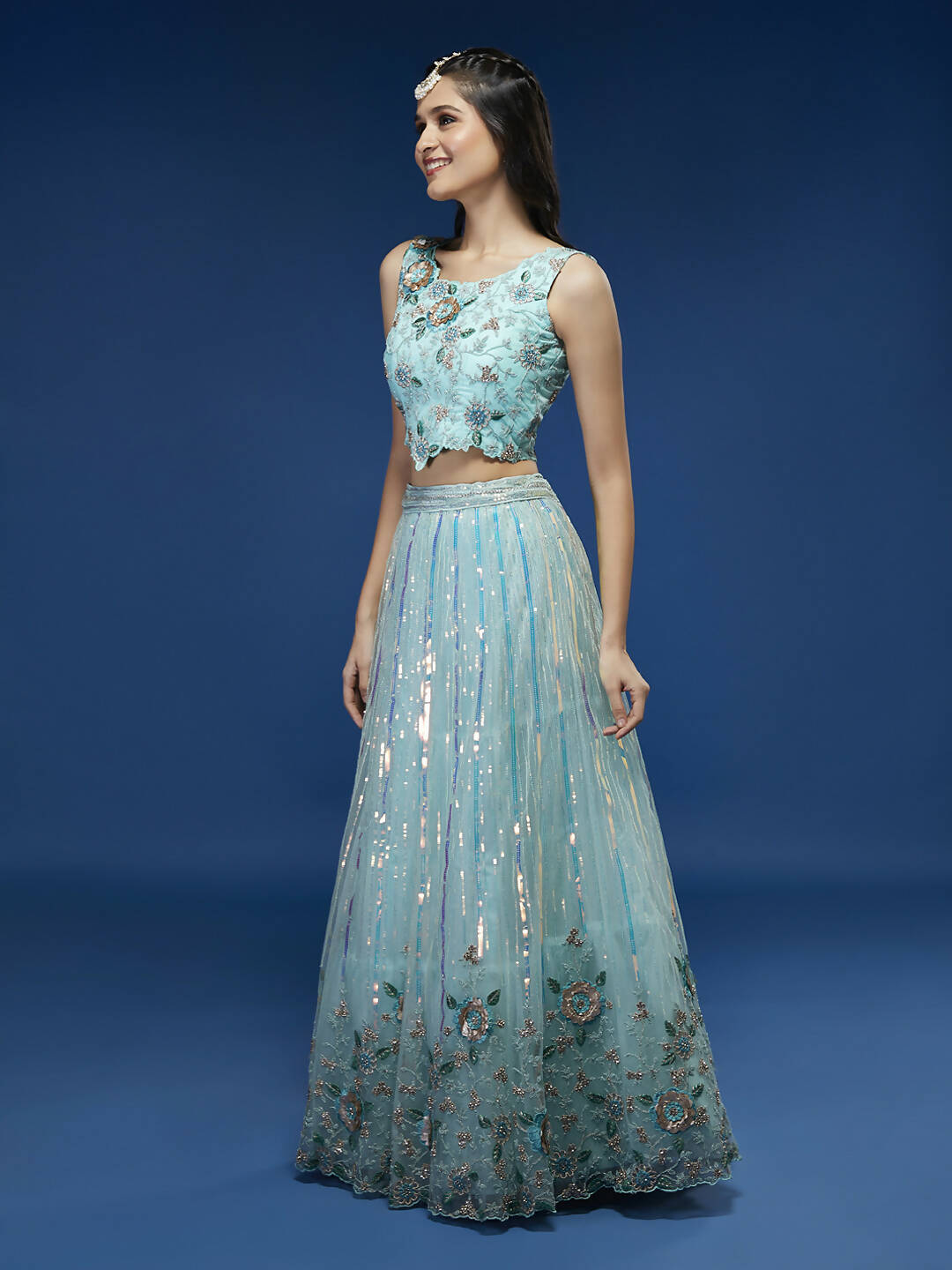 House of Panchhi Turquoise Blue Net Sequinse Work Lehenga & Blouse, Dupatta | Swadesiicart