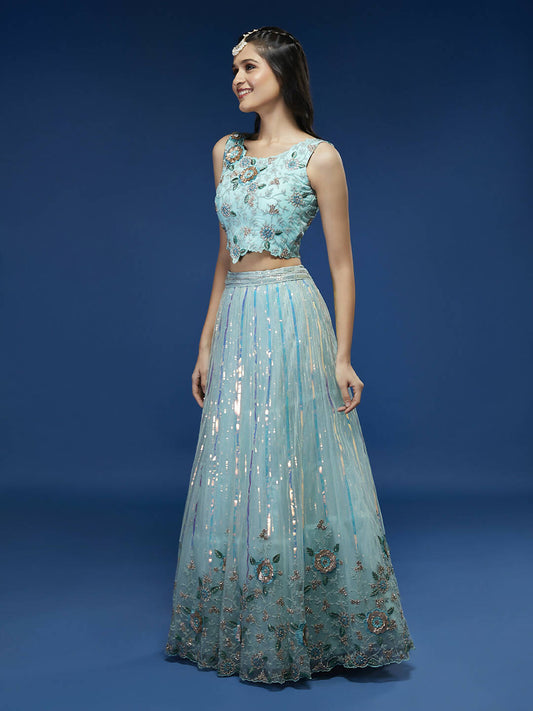 House of Panchhi Turquoise Blue Net Sequinse Work Lehenga & Blouse, Dupatta | Swadesiicart