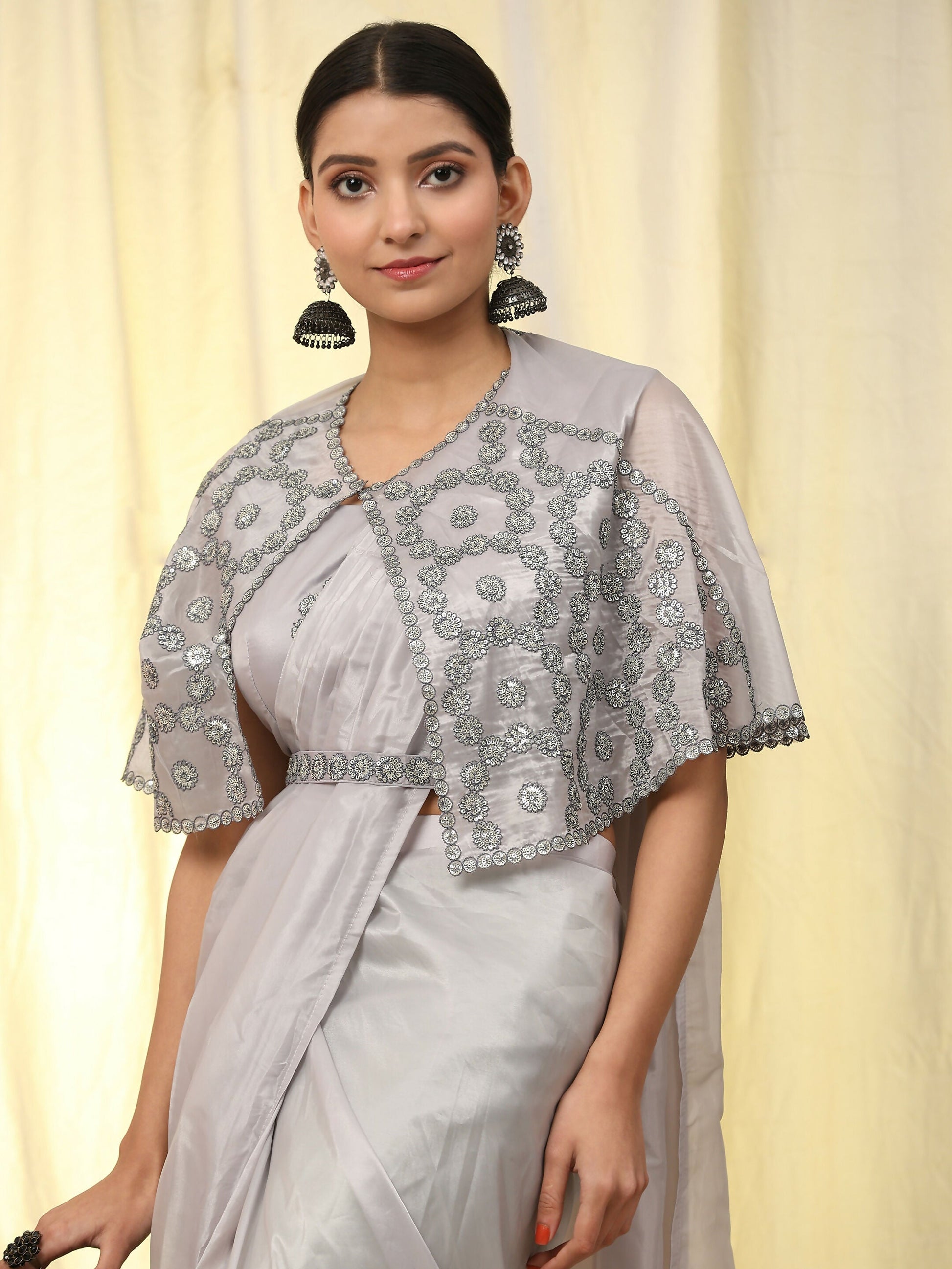Grey Satin Solid Ready to wear Saree with stitched Blouse - Vanita | Swadesiicart
