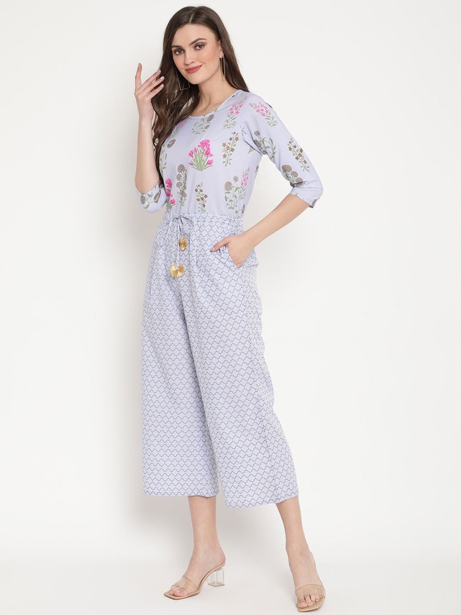 Ahalyaa Womens Blue Crepe Printed Jumpsuit | Swadesiicart