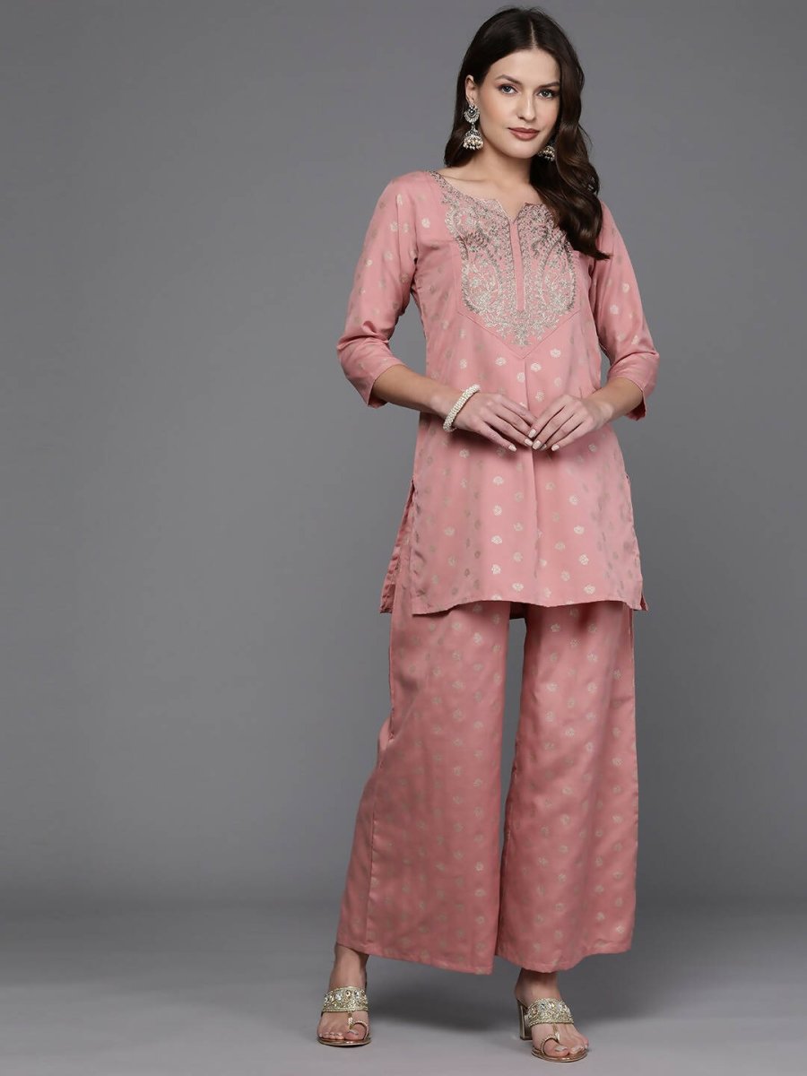 Ahalyaa Women Floral Yoke Design Tunic with Palazzos - Pink Color | Swadesiicart