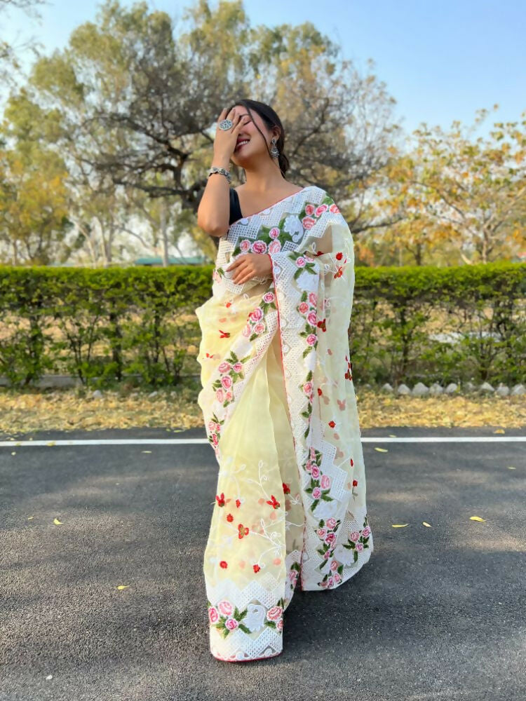 Vamsee Kamaljaal Yellow Organza Saree - Swadesiicart