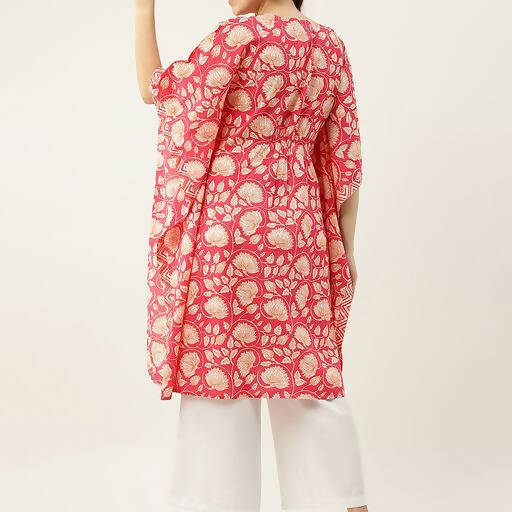 FIORRA Women's Printed Pure Cotton Kaftan Kurta - Red - Swadesiicart