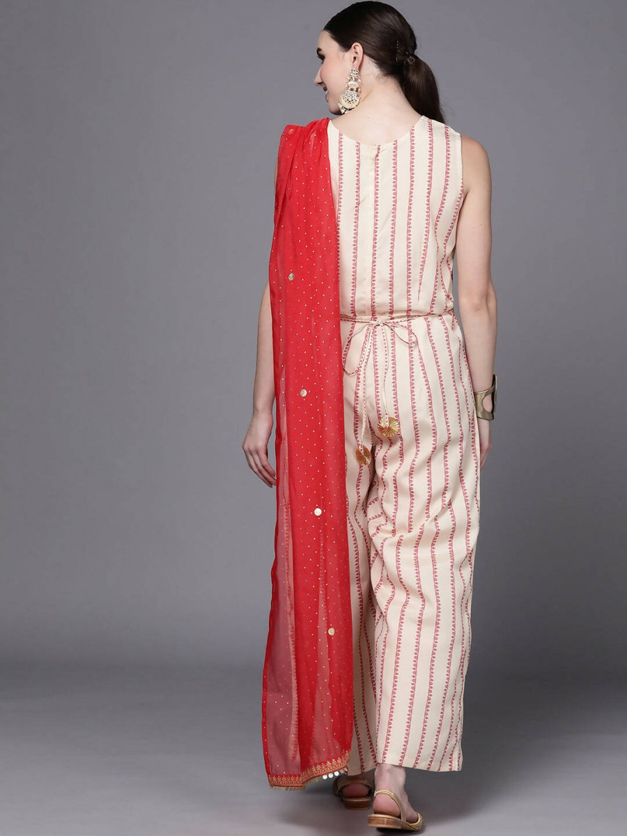 Ahalyaa Off White & Red Printed Basic Jumpsuit - Swadesiicart