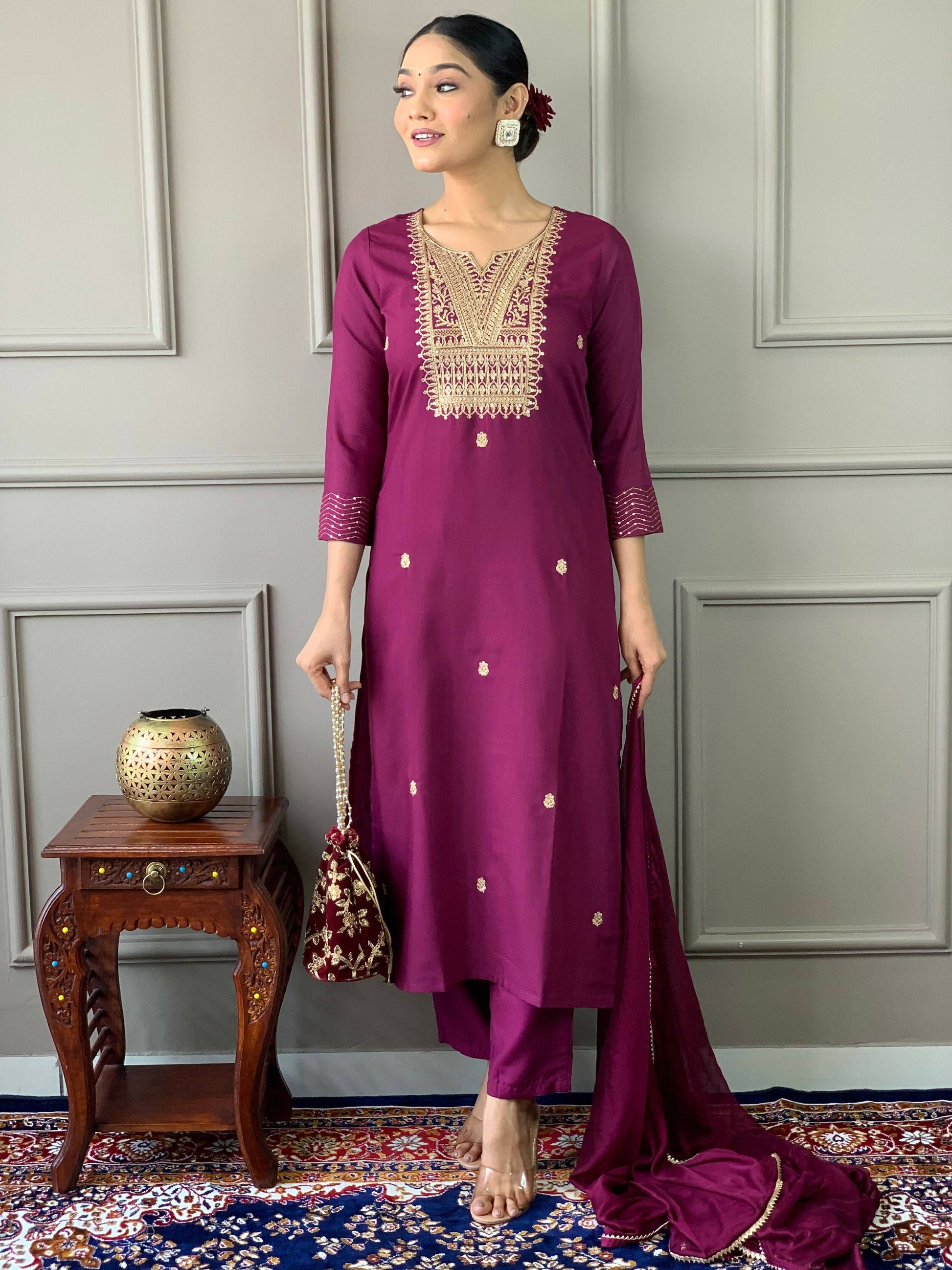 Partywear Designer Rayon Slub Wine Stitched Suit With Dupatta - Tanisha | Swadesiicart